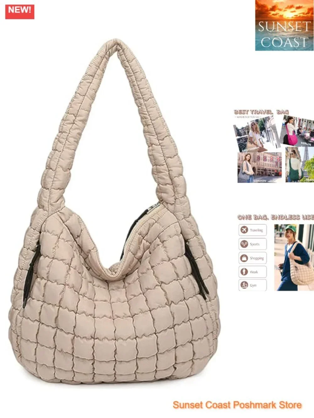 Quilted Puffer Hobo Bag, Large Nylon Crossbody Shoulder Tote, Lightweight Puffy